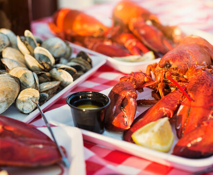 View of table with lobster meal