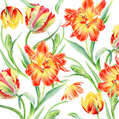 Summertime garden flowers Tulips watercolor seamless pattern. Beautiful hand drawn texture.