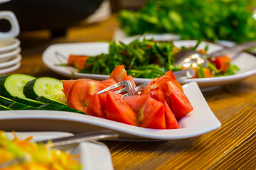 Served tasty vegeterian meal close up view.