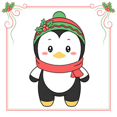 merry Christmas cute penguin drawing with red berry