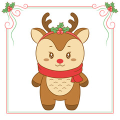 merry Christmas cute reindeer drawing with red berry