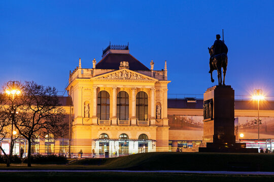 Illuminated building of main railway station