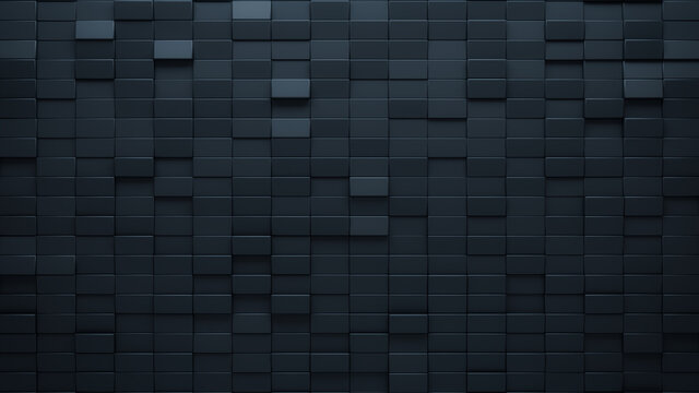 Futuristic, High Tech, dark background, with a rectangular block structure. Wall texture with a 3D rectangle tile pattern. 3D render