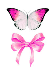 Set of watercolor elements. Butterfly and orange bow. Element for design of invitations, logo, banners, cards