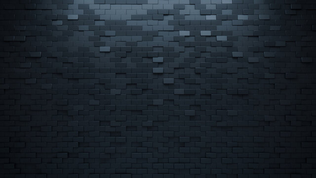Futuristic, High Tech, dark background, with a offset rectangular block structure. Wall texture with a 3D rectangle tile pattern. 3D render