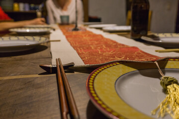 Asian chopsticks on wooden table