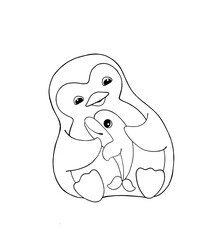 Cute penguin with a dolphin. Black outline on a white background. Cartoon style. Coloring. Hand drawn illustrations.