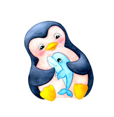 A cute penguin holds a toy dolphin in its paws. Watercolor illustration on a white background. Cartoon style.