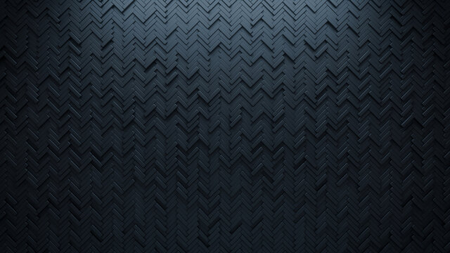 Futuristic, High Tech, dark background, with a herringbone block structure. Wall texture with a 3D parquet tile pattern. 3D render