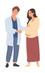 Fototapeta premium Pregnant woman visiting male doctor. Cartoon colorful character. Concept of motherhood, maternity. Flat cartoon vector illustration