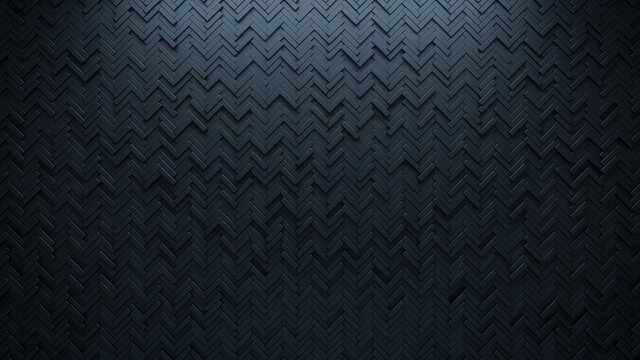 Futuristic, High Tech, dark background, with a herringbone block structure. Wall texture with a 3D parquet tile pattern. 3D render