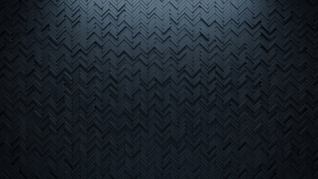 Futuristic, High Tech, dark background, with a herringbone block structure. Wall texture with a 3D parquet tile pattern. 3D render