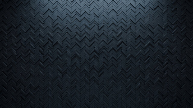 Futuristic, High Tech, dark background, with a herringbone block structure. Wall texture with a 3D parquet tile pattern. 3D render