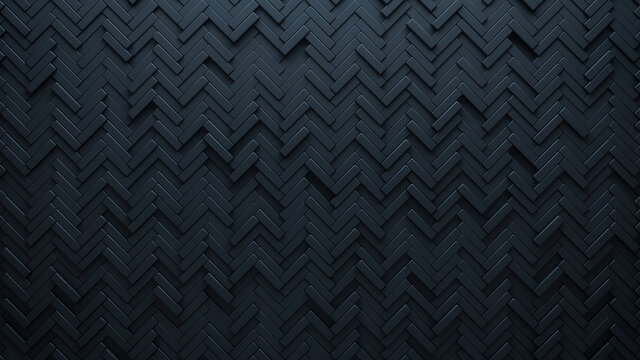 Futuristic, High Tech, dark background, with a herringbone block structure. Wall texture with a 3D parquet tile pattern. 3D render