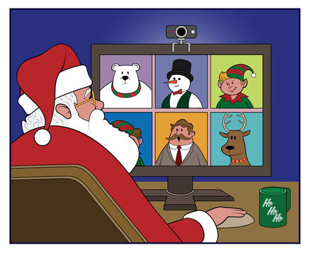 Santa makes a video conference call.