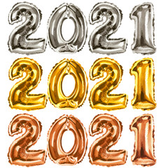 Watercolor illustration of gold, rose gold and silver shiny 2021 balloon set for New year card invitation isolated on white background