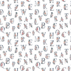 Watercolor floral alphabet seamless pattern, digital paper. Winter Christmas illustration on white background. Can be used for packaging, wrapping paper, scrapbook paper, fabric, textile