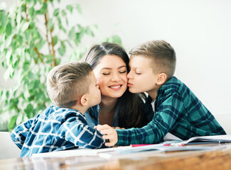 child boy son mother kiss kissing love happy family care childhood parent kid
