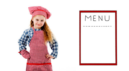 Little girl standing beside menu sketch