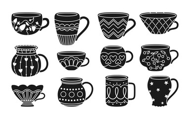 Cup with tea or coffee black glyph set. Flat modern bowl collection. Decorated different ornament. Black cartoon line trendy crockery, handle drink. Isolated vector illustration