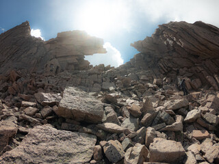 Wide shot of rocks and keyhole route to top of Longs peak in rocky mountains national park in america