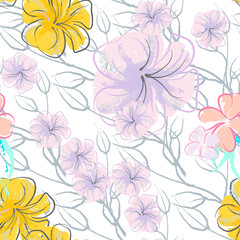 Pink Flowers Blooming Pattern. Pastel Watercolor.