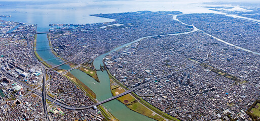 江戸川大橋上空より湾岸を望む、2020撮影、パノラマ空撮