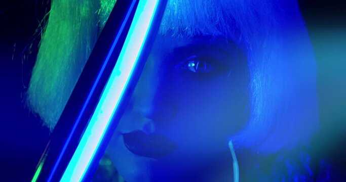 Close up of the face of a young woman with white hair, in blue neon light, 4k