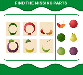 Find the missing parts of cartoon fruits. Searching game. Educational game for pre shool years kids and toddlers