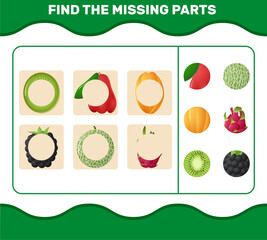 Find the missing parts of cartoon fruits. Searching game. Educational game for pre shool years kids and toddlers