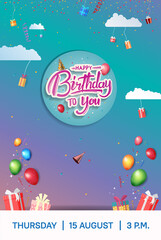 Fototapeta na wymiar happy birthday vector design with circle, balloons, gift box, hat, cake and confetti isolated on colorful background can be use for celebration event