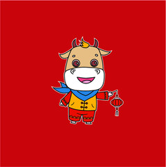 Mascot of the Year of the Ox. Cartoon cow holding a lantern.