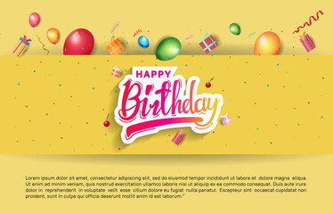 happy birthday vector design with balloons, gift box, cake, hat, isolated on yellow background for poster and party invitation