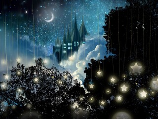 The silhouette of European beautiful castle and the crescent moon behind deep forest in starry night sky background © NORIMA