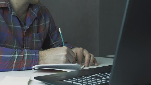 Young man online education, working online, student studying at home, learning at home concept, office workers with laptop