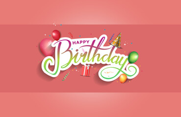 happy birthday vector design with balloons, gift box, cake, hat, isolated on red background for poster and party invitation