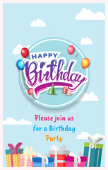 happy birthday vector design with circle, balloons, gift box, cake, hat, isolated on soft blue background for poster and party invitation