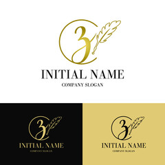 Luxury golden initial z letter with feather. Writing, art, copywrite business logo  concept