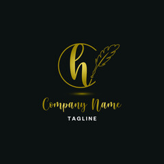 Luxury golden initial h letter with feather. Writing, art, copywrite business logo  concept