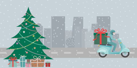 Merry Christmas and Happy new year 2021. Gift box delivery by motorcycle.