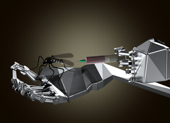 The cyborg robot's hand injects an injection into a mosquito. 3d rendering, illustration.