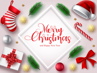 Fototapeta na wymiar Christmas vector background template. Merry christmas and happy new year greeting text with santa hat, sock and gift elements in white background for xmas invitation card. Vector illustration. 