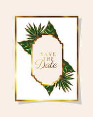 leaves invitation of white color with green leaves on a salmon color background