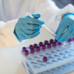 Process of coronavirus testing examination by nurse medic in laboratory lab, COVID-19 swab...
