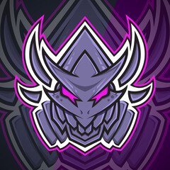 Violet, Purple Demon Monster Creature Fantasy Head Cartoon Logo Mascot illustration. Esport, Team, Game, Asset, Sticker, Print.