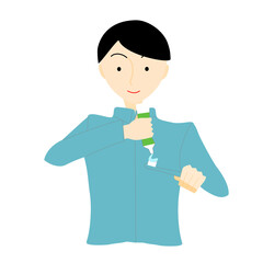 パジャマ姿でハブラシに歯磨き粉をつける男性