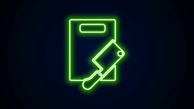 Glowing neon line Cutting board and meat chopper icon isolated on black background. Butcher knife. Chopping board symbol. 4K Video motion graphic animation.