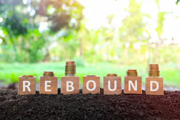 Economic and business recovery rebound, economy bounce back, regain, pick up and comeback concept. Wooden blocks with w shape and v shape increasing stack of coins on natural background at sunrise..