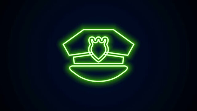 Glowing neon line Police cap with cockade icon isolated on black background. Police hat sign. 4K Video motion graphic animation.
