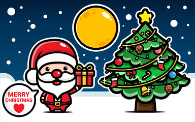 Cute Santa Claus characters and Christmas tree on Christmas day